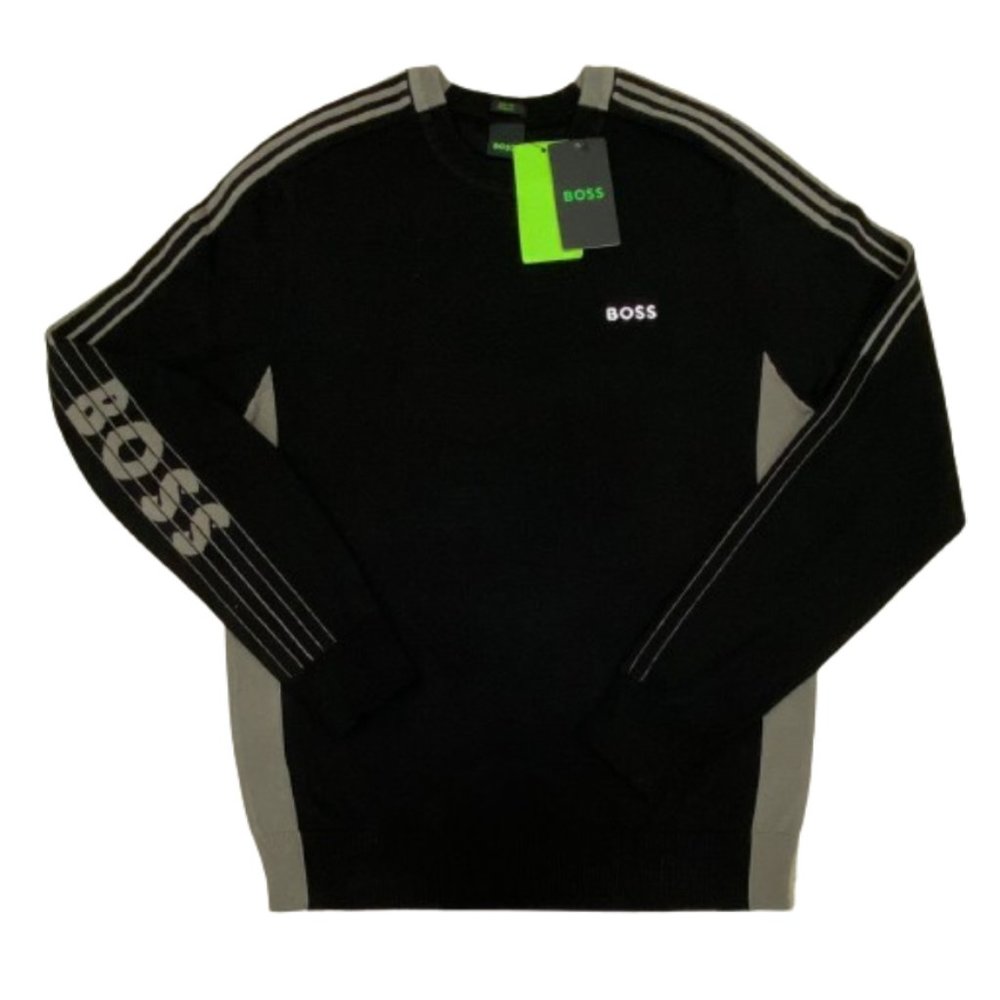 NWT Hugo Boss Men's Color Blocked Cotton Blend Sweater Striped Logo Black S-XXL